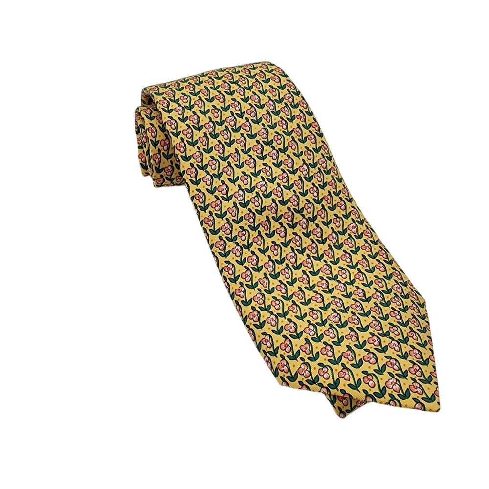 Hermes Paris 100% Silk Tie Yellow Floral